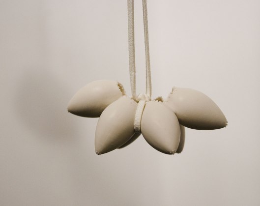 Shih-Dea (Deborah) Tseng - Neckpieces (2013). Porcelain, plaster, leather. Photo by Eleni Roumpou